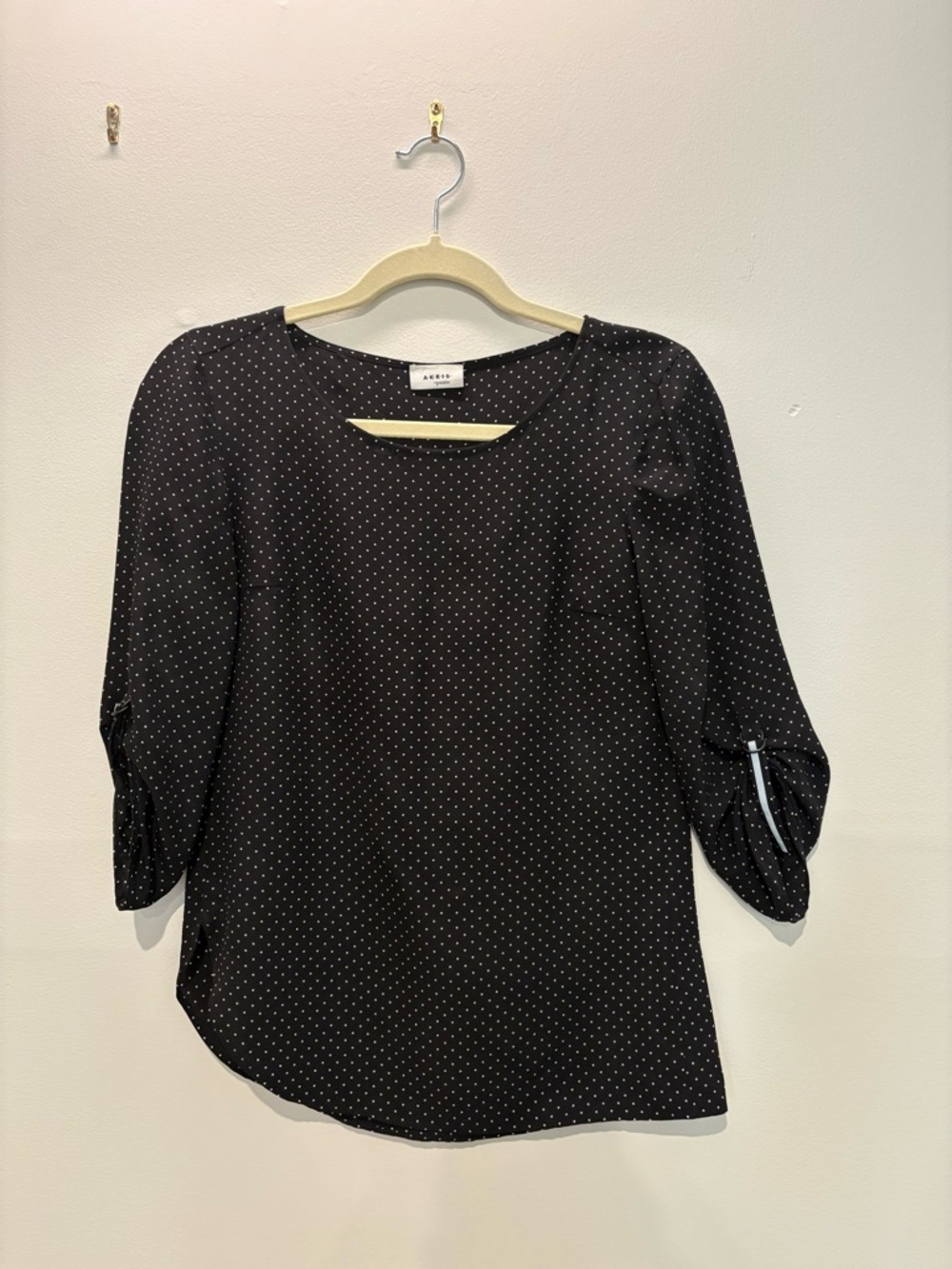 Akris Punto Black Silk Blouse with White Micro Dots
